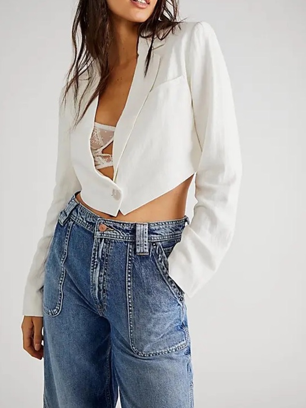 FREE PEOPLE Coco Cropped Blazer Jacket Linen Blend White Lie
